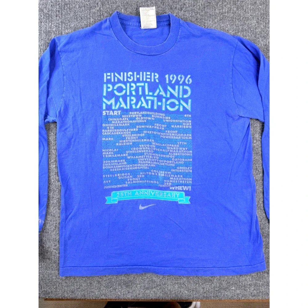 Vintage 90s Nike Portland Marathon 1996 Finisher Shirt Mens M Blue Long Sleeve